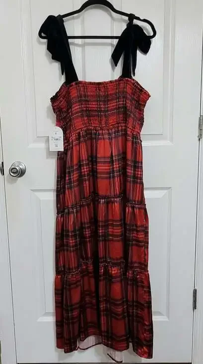 Arula size 2X red Plaid dress with black velvet shoulder ties‎ NWT - Picture 3 of 8